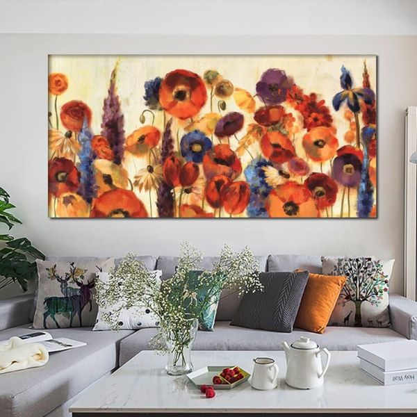 Decoração de parede flores pinturas de arte abstrata alegre jardim lona reprodução a óleo de alta qualidade pintado à mão arte moderna para offici266r