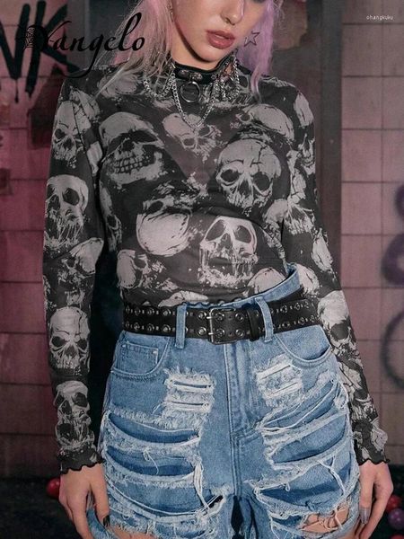 Damen-T-Shirts Yangelo Mall Gothic-T-Shirt mit Totenkopf-Aufdruck, weiblich, Y2K, durchsichtig, Punk-Crop-Tops, E-Girls, Grunge-Straßenkleidung