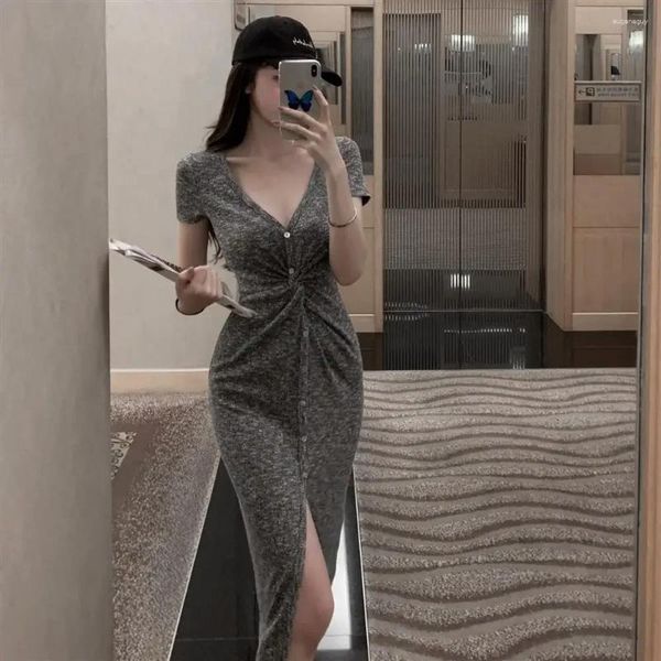 Abiti casual Abito da donna con scollo a V a maniche corte Gonna longuette slim fit Estate Donna Vestido De Mujer Femme Robe