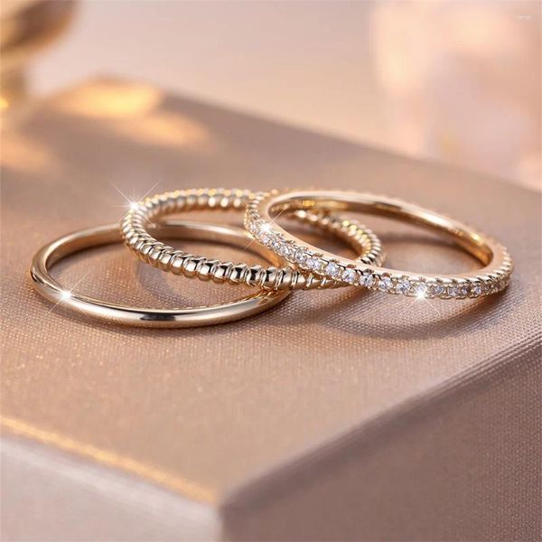 Anéis de casamento 3 pcs minimalista empilhamento fino anel conjuntos para mulheres cor de ouro simples pequeno branco zircão bandas festa ins dedo jóias cz