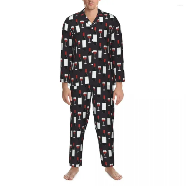 Herren-Nachtwäsche, Weinmuster, Pyjama-Set, roter Aufdruck, romantisch, Unisex, lange Ärmel, lässig, Nacht, 2-teilig, Nachtwäsche, Übergröße