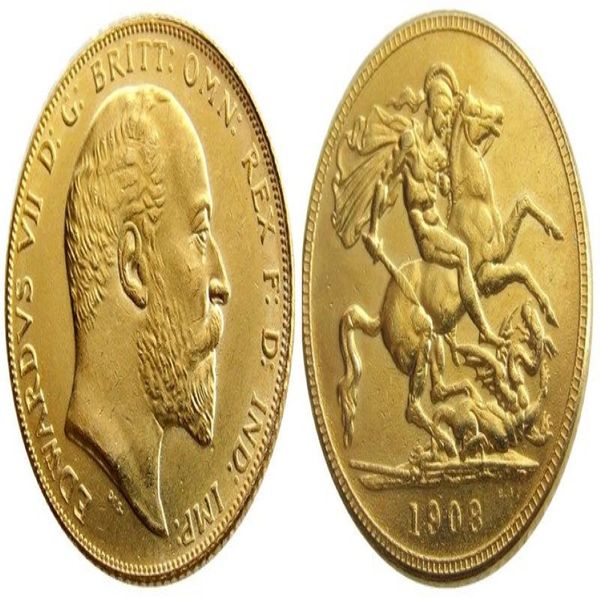 Regno Unito Rara moneta britannica del 1908 Re Edoardo VII 1 Sterlina Opaca 24-K Placcata Oro Monete Copia 206K
