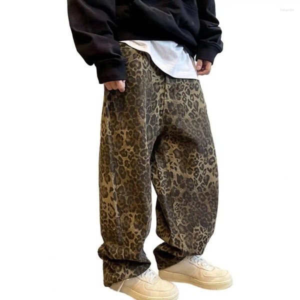 Calças masculinas homens solto profundo virilha retro hip hop leopardo impressão bolsos meados de cintura comprimento total calças compridas stretwear