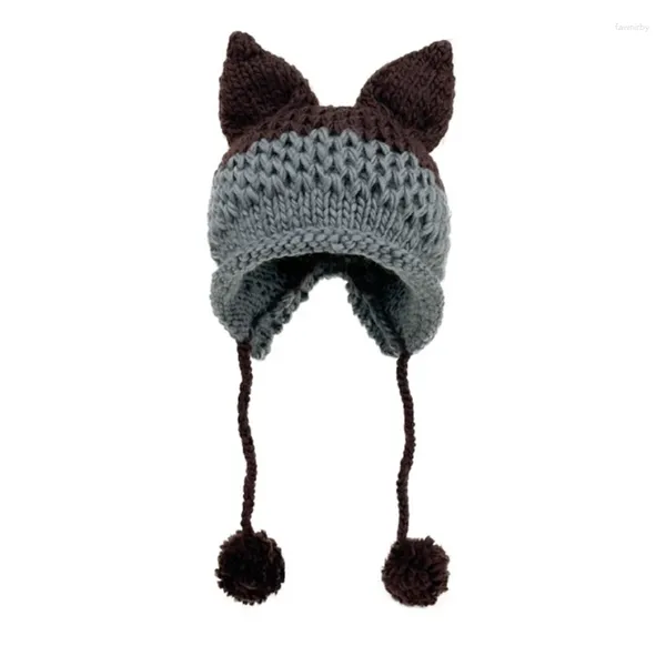 Bola Caps Mulheres Orelhas Japonesas Chapéu De Malha Com Pingente De Pelúcia Grunge Colorblock Crochet Earflap Crânio