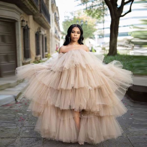 2020 Mulheres chiques Hi Low Tulle Saias Ruffled Sexy Tulle Vestidos Strapless Sheer Puffy Prom Vestidos Mulheres Maxi Long Party Dress With231x