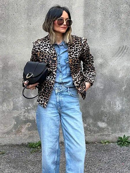 Jaquetas femininas vintage leopardo impressão jaqueta para mulheres lapela solta manga longa fina denim casaco senhoras moda primavera high street outerwear