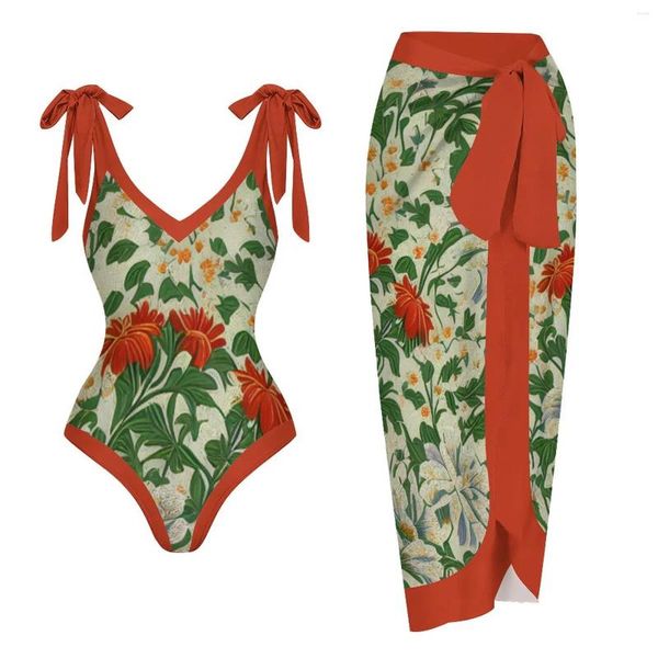 Mulheres Swimwear Mulheres Color Block Floral Imprimir Swimsuit Vintage One Piece Cover Up Sexy Backless Bikini Verão Praia Férias Beachwear