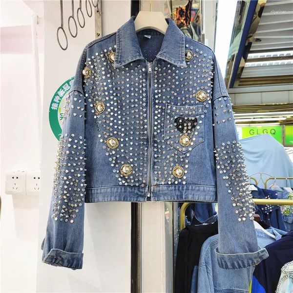 Jaquetas femininas 2024 primavera outono harajuku trabalho pesado rebites diamante azul curto denim jaqueta streetwear moda feminina solta jeans casuais