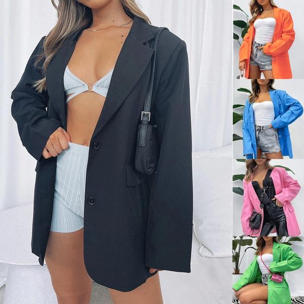 Jaquetas femininas moda feminina cor sólida solto terno casual botão para baixo entalhado lapela manga longa blazer azul verde rosa laranja s m l