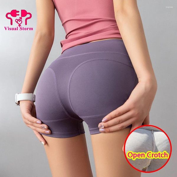 Leggings da donna Donna con apertura sul cavallo Palestra Fitness Mini Pantaloni sportivi traspiranti estivi Lingerie erotica corta con foro sottile