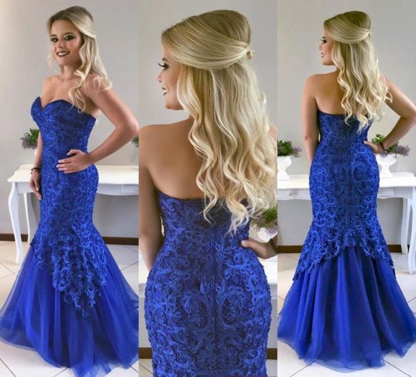 Abiti da ballo economici in pizzo a sirena blu royal con perline Abito da festa con scollo a cuore Lunghezza pavimento Tulle Abiti formali taglie forti7207942