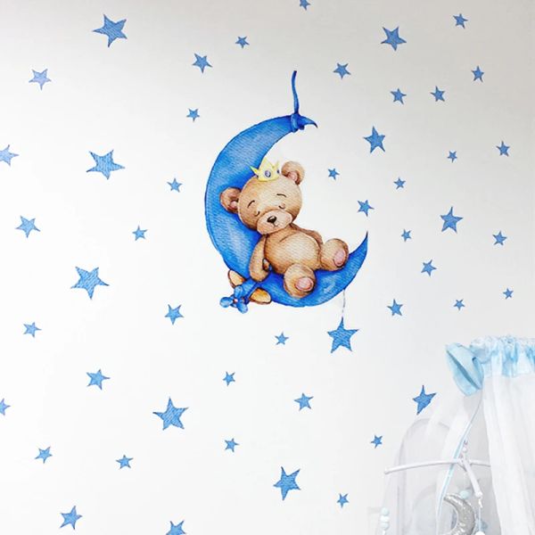 Aufkleber Cartoon Babys Zimmer Wandaufkleber Bär Schlafen auf dem Mond Home Decor Aquarell Sterne DIY Tapeten Kunst Aufkleber Dekoration