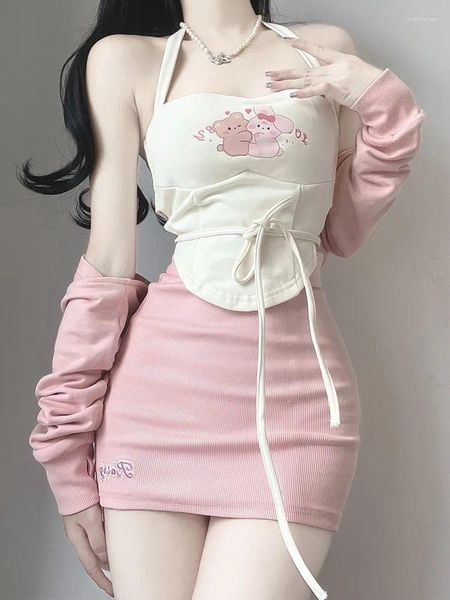 Рабочие платья Розовый корейский стиль Комплект из трех предметов Женский облегающий элегантный сексуальный вечерний костюм с мини-юбкой 2024 Y2k Вязаное пальто Kawaii Lolita Майки Топы