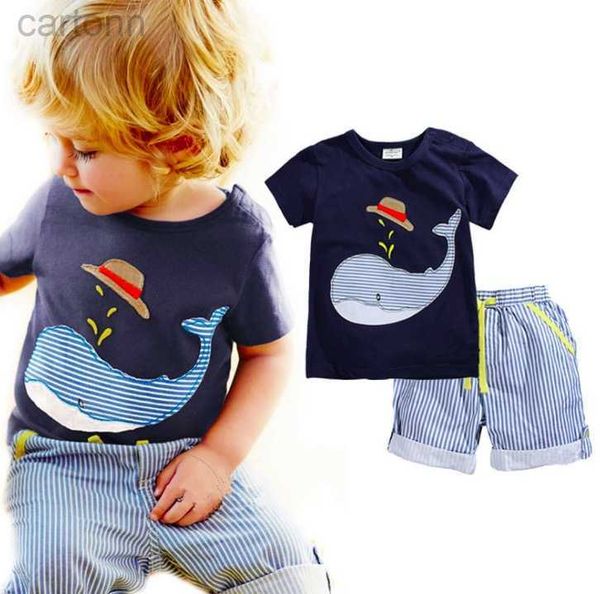 Conjuntos de roupas Verão Menino INS baleia chapéu listra terno crianças dos desenhos animados dinossauro ins manga curta T-shirt + shorts 2 pcs terno roupas de bebê ldd240311