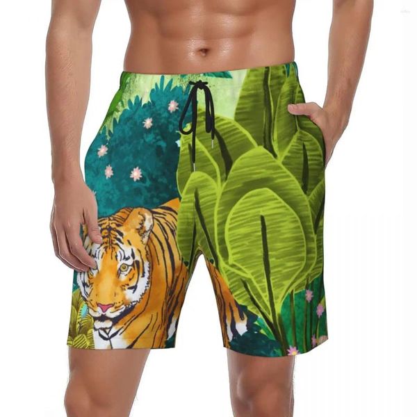 Shorts masculinos homens board selva tigre clássico troncos de natação aquarela folha selvagem secagem rápida esportes de alta qualidade plus size calças curtas