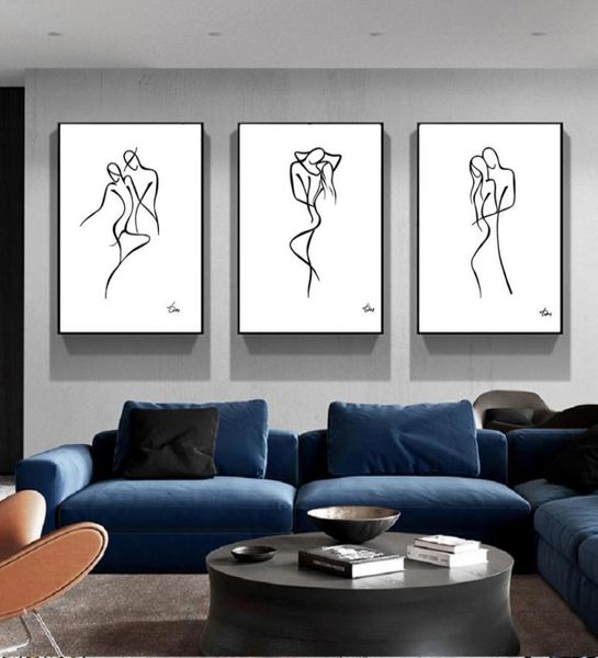 İskandinav minimalist çizgi çizim duvar sanatı tuval boyama siyah beyaz soyut dansçılar duvar poster oturma odası ev dekor 3pc4758925
