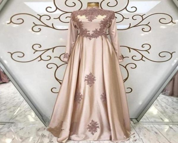 Elegante islamische muslimische Abendkleider mit langen Ärmeln, Stehkragen, A-Linie, Spitzenapplikation, Abendkleid, Übergröße, arabisches Kaftan-Partykleid 203932084