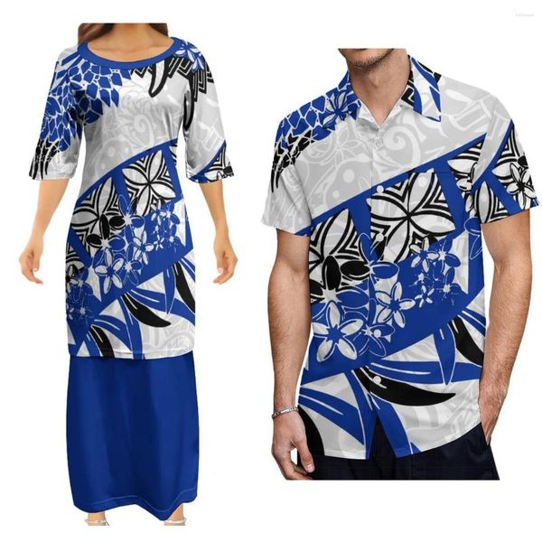 Vestidos casuais de alta qualidade respirável lady's pletasi vestido e camisa masculina aloha design polinésio modelado casal terno