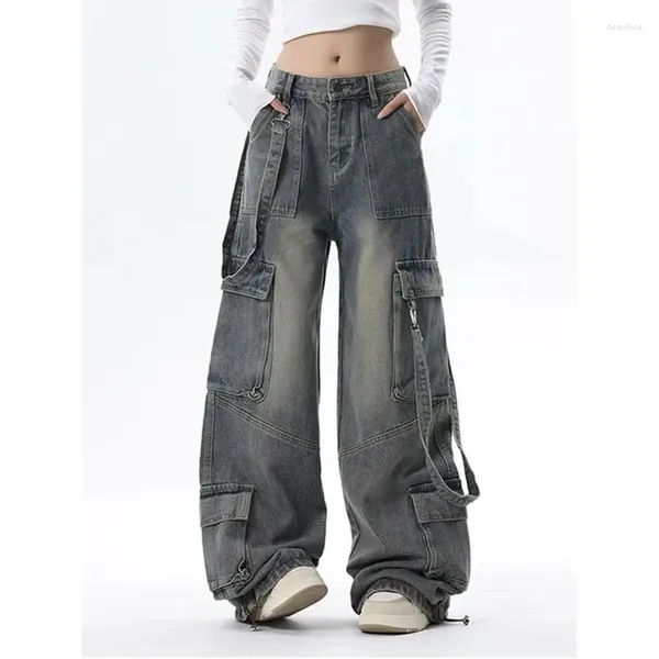 Damen Jeans Herbst Winter Frauen Blau Cargo Hosen Streetwear Hohe Taille American Wide Leg Mode Stil Weibliche Gerade Hosen