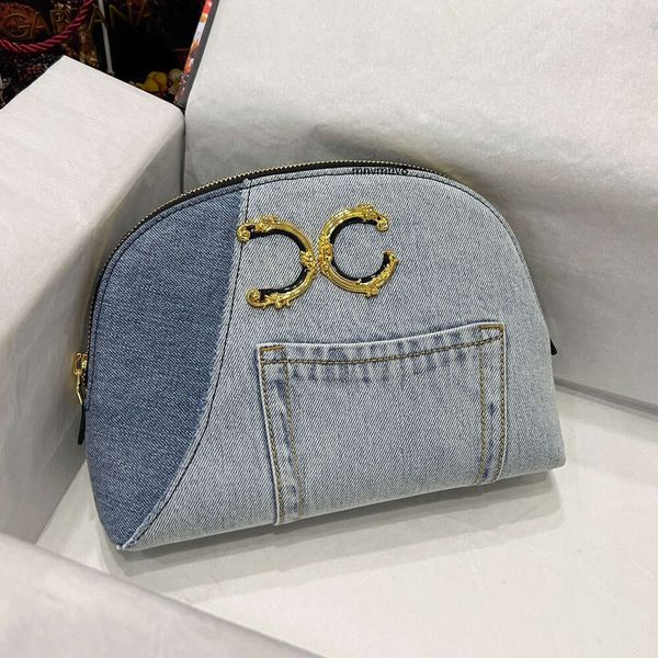 Hochwertige Designer-Shell-Tasche für Damen, Denim-Clutch, luxuriöse Mini-Umhängetasche mit Goldkette, klassische Flip-Clutch-Geldbörse, Metall-Handtasche, 25 cm