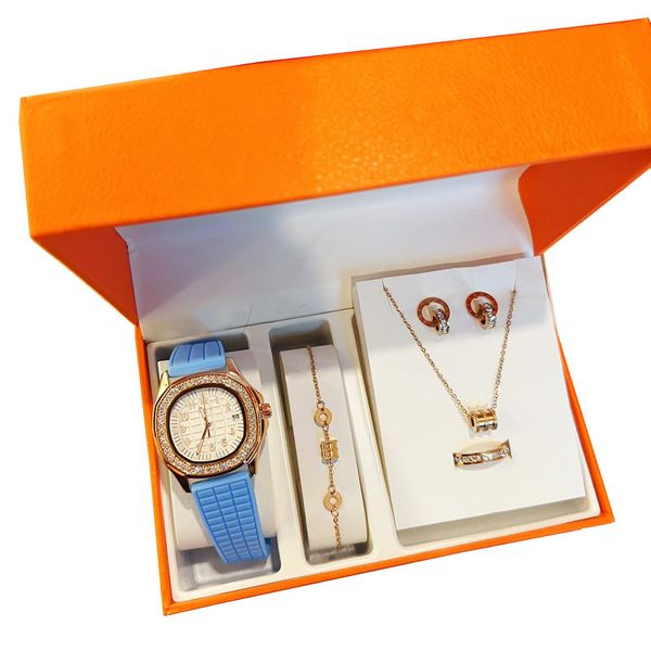 Orologio da donna di lusso con 5 set di orologi, collane, bracciali, orecchini, anelli con confezione regalo, cinturino in caucciù, orologi di design, orologi da polso da donna, per le signore, Natale, regalo di San Valentino