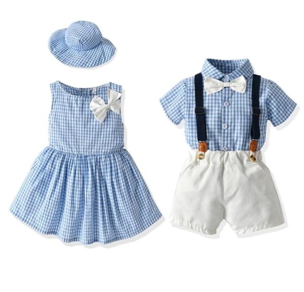 LZH Sommer Kinder Kleidung Baby Jungen Gitter Hemd Overalls Set Mädchen Kleid Bruder Schwester Clohtes Anzug Kinder Kostüm 2108042478109