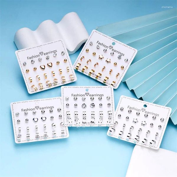 Ohrstecker 12 Paar Gold/Silber Farbe Mini Zirkon Ohrring Set Stern Herz Kugel Für Frauen Einfacher Schmuck Piercing Bijouteria Brincos