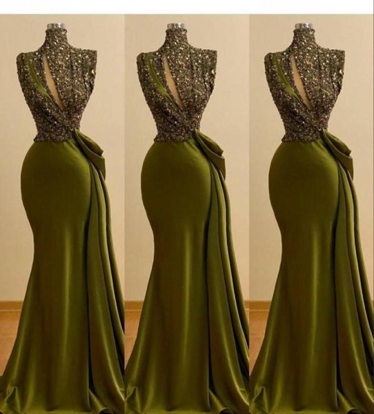 2021 Hunter Verde Lantejoulas Cristal Frisado Sereia Vestidos de Noite Vintage High Neck Keyhole Lantejoulas Lace Prom Vestidos Saudita Árabe L6037683