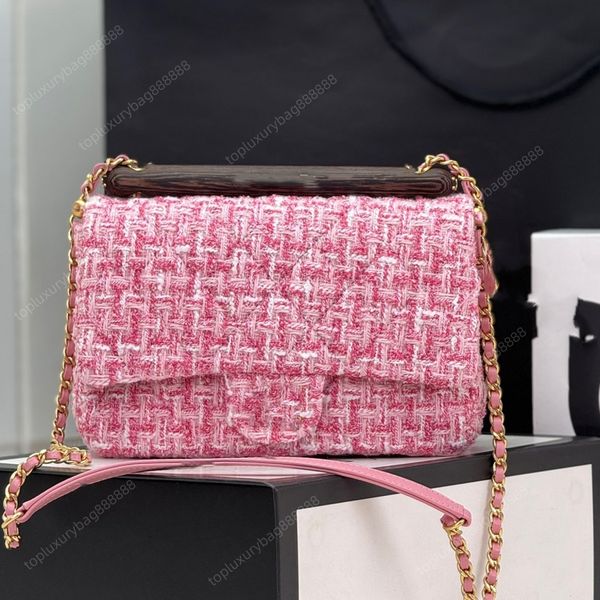 Borsa di design rosa top 10A Borse a tracolla Borsa classica con patta Borsa con catene di moda Borse di lana di alta qualità per donna Borsa di copertura con manico in legno Confezione regalo Borsa nera