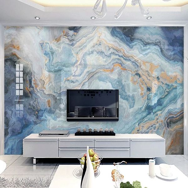 Personalizzato Po astratto modello in marmo blu soggiorno divano TV sfondo decorazione della parete pittura cucina murale carta da parati impermeabile 240H