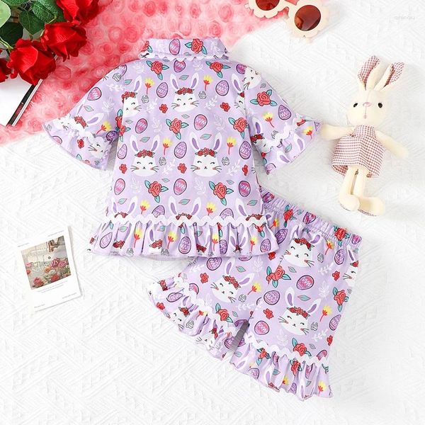 Set di abbigliamento Pigiama pasquale per bambina e bambina Set a maniche corte con stampa Camicia abbottonata Top Pantaloncini Completi Indumenti da notte con volant