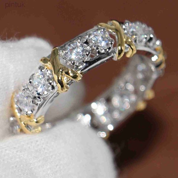 Anéis Profissional Eternity Diamonique Simulado Diamante Branco Amarelo Ouro Cheio Anel de Casamento Tamanho ldd240311