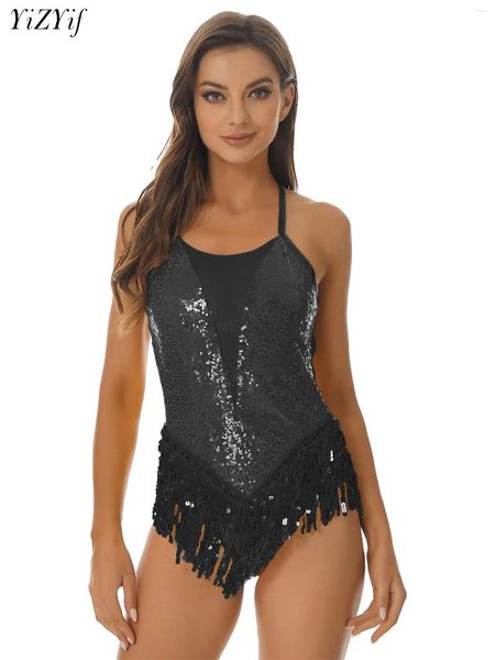 Stage Wear Vestito da Ballo Latino Jazz da Donna Sexy con Paillettes Nappe Body con Frange Senza Maniche Incrociato sul Retro Perizoma Body Dancewear Costume