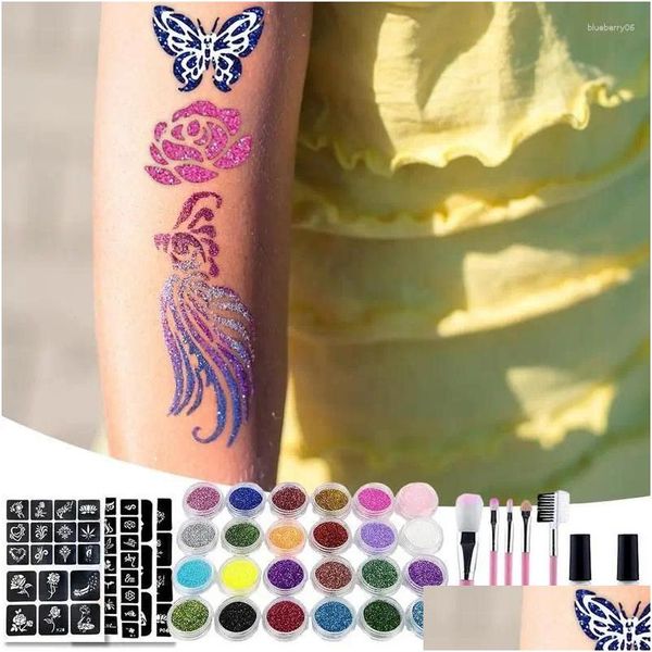 Inchiostri per tatuaggi Kit glitter da 30 colori con stencil Colla Pennello Trucco Body Art Per bambini Annunci Pittura Polvere Consegna goccia Salute Bellezza Ta Otmk6