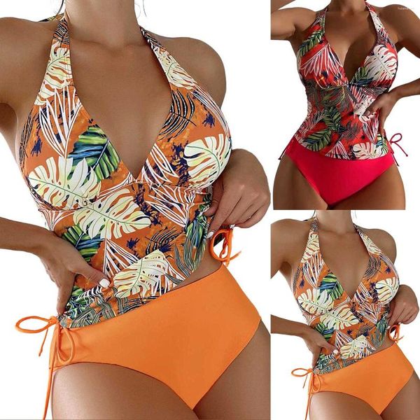 Costume da bagno da donna Bikini sexy con stampa a foglie colorate con fascia a triangolo diviso