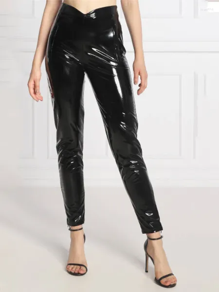 Женские леггинсы из блестящей лакированной кожи, женские брюки с V-образной талией, сексуальные укороченные женские брюки из искусственного латекса, черные эластичные тонкие брюки из ПВХ, клубная одежда на заказ