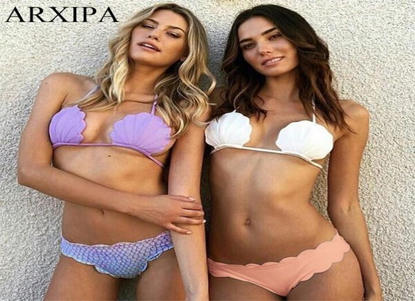 Arxipa novo maiô de cintura baixa halter concha sereia banho feminino conjunto de biquíni recortado trajes de banho beachwear terno de natação y2003192108890