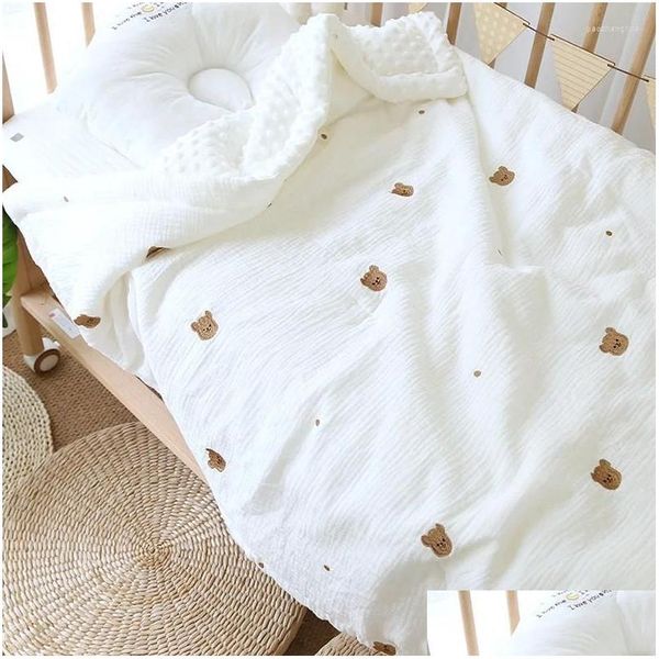 Coperte Fasce Coreano Orso Ciliegio Ricamato Biancheria da letto per bambini Trapunta in cotone Pile per bambini Trapunte per lettino Coperta Lettino Culla Comfort Pla Ottiv