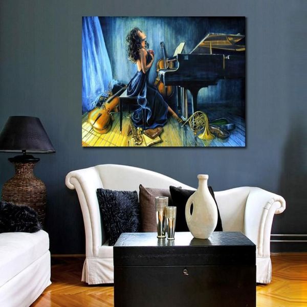 Pinturas a óleo feitas à mão menina tocando piano guitarra música retrato arte em tela para decoração de quarto moderno azul de alta qualidade 298p