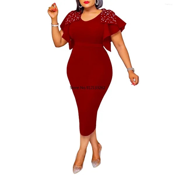 Roupas étnicas Mulheres Pearl Beading Ombro Flare Manga Curta Bodycon Midi Vestido 2024 Senhora de Escritório Trabalho Sexy Club Party Vestidos de Noite