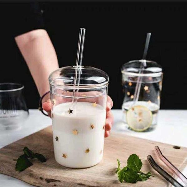 Tassen 460 ml hitzebeständige Glastasse Transparente Kaffeetasse mit DeckelStroh Home Milch Saft Blume Tee Reise Trinken2602