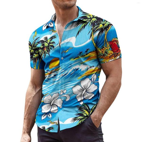 Camisetas masculinas Camisa Tropical Manga Curta Botão Casual Flor Verão Praia Estilo Três