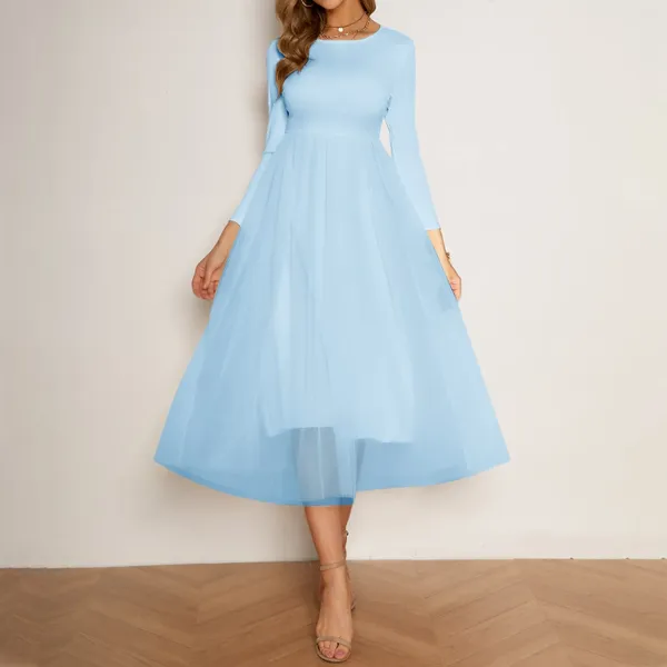 Повседневные платья Элегантное светло-голубое свадебное платье для гостей женское с высокой талией и круглым вырезом средней длины Вечерние вечерние сексуальные платья