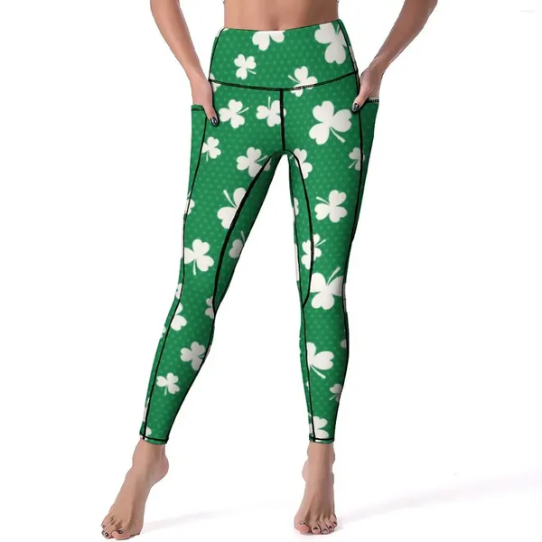 Damen-Leggings, Kleeblatt-Muster, sexy St. Patricks Day, Workout, Yoga-Hose, Push-Up, schnelltrocknend, Sport-Strumpfhose, Taschen, Neuheits-Druck-Leggins