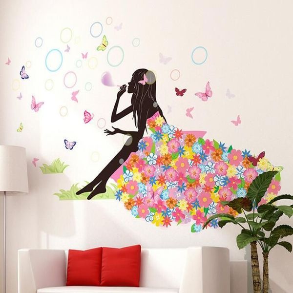 Blumenmädchen Schmetterling Home Aufkleber Feen Wandaufkleber Schlafzimmer Sofa Hintergrund Dekor Mädchen Dame Zimmer Fenster DIY art3050