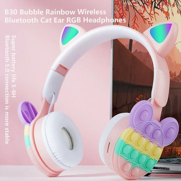 Bolha dos desenhos animados arco-íris descompressão sem fio bluetooth gato orelha rgb fone de ouvido com microfone crianças suporte cartão tf