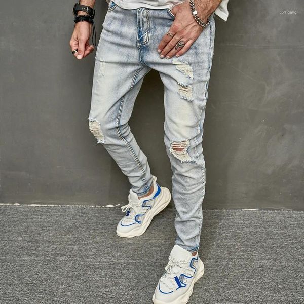 Männer Jeans Frühling Männer Stilvolle Zerrissene Distressed Dünne Hosen Männliche Streetwear Löcher Feste Dünne Bleistift Denim Hosen