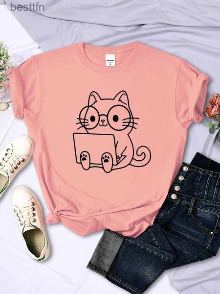 Damen T-Shirt Careful dy Of Work Cat Sketches Damen T-Shirt Persönlichkeit Trend Casual Tee Kleidung Street Creative Tops Fe Short Sle 240311