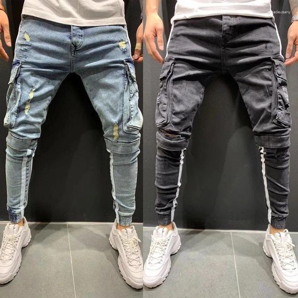 Herren-Jeans, knöchellange Denim-Bleistifthose, mittelhohe Taille, Löcher, Manteltaschen, schmal, High-Street-Patchwork, leichte Strech-Waschung