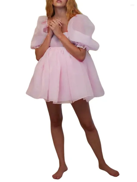 Sıradan Elbiseler Kadın Puflu Kol Tül Prenses Elbise Omuz Kare Boyun Mini Peri Partisi Balo Akşam